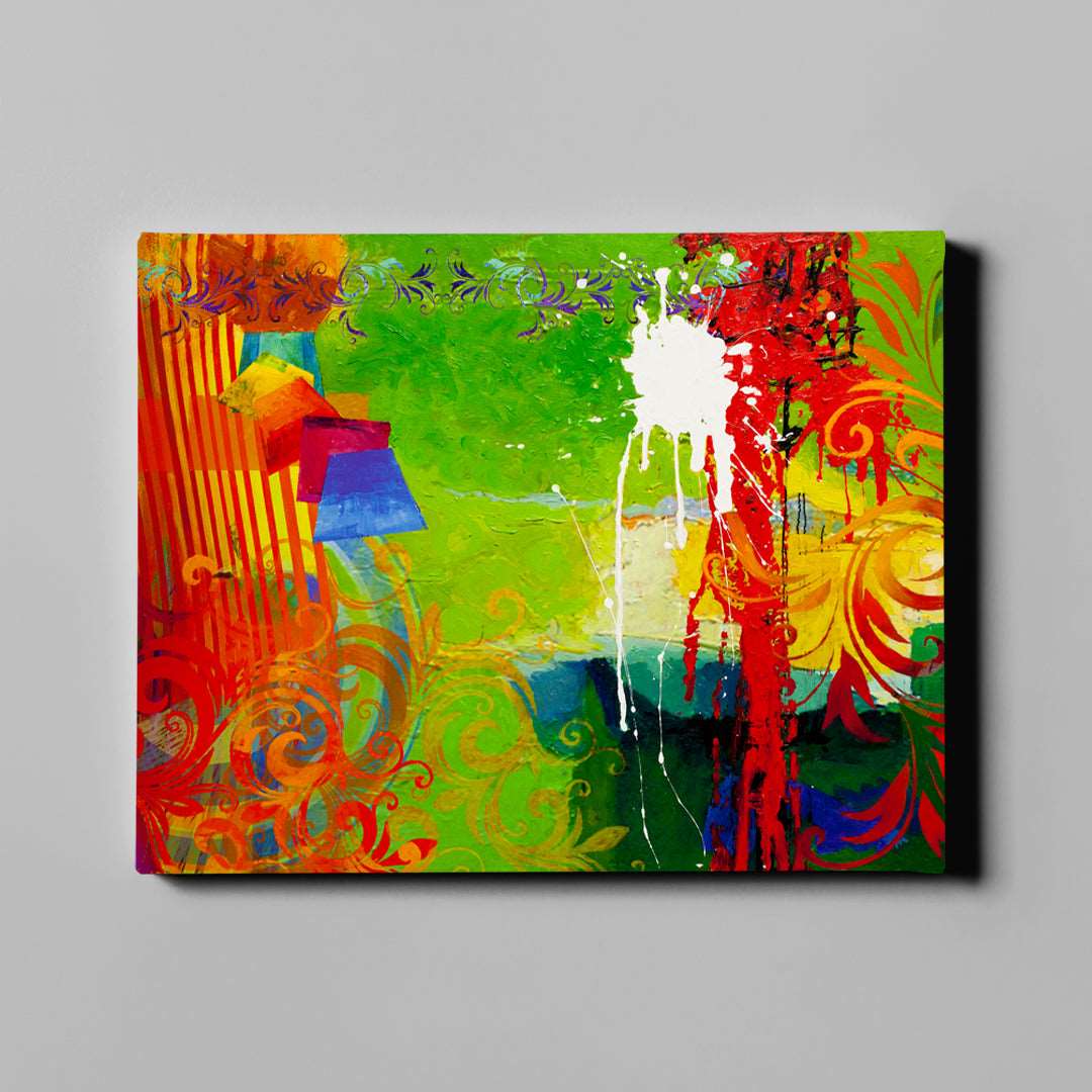 red floral pattern on a green background abstract art on canvas