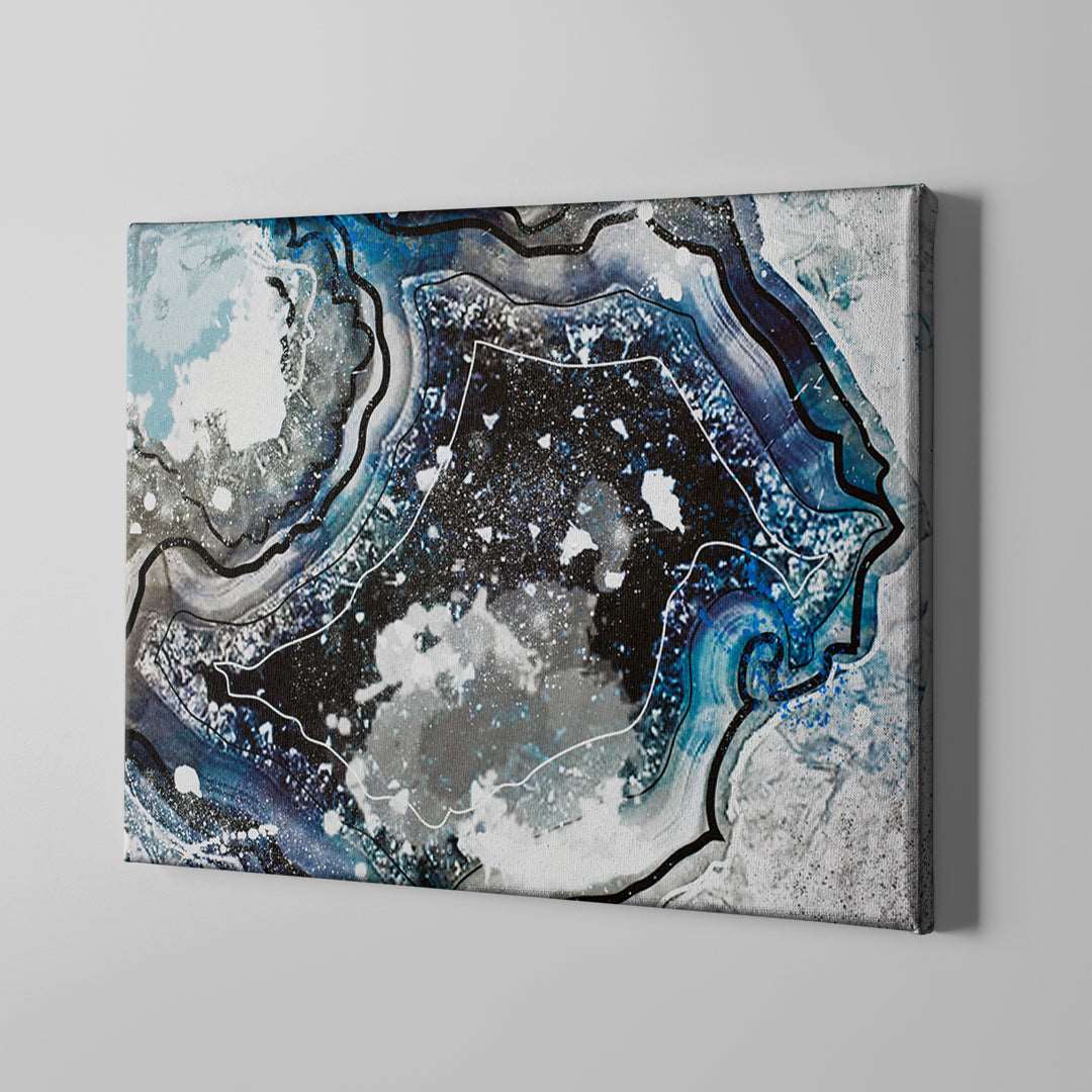 blue white and black abstract gem art on canvas