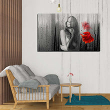 Load image into Gallery viewer, woman with long hair behind raining window with red betta fish art on acrylic
