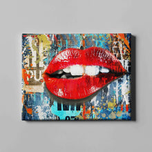 Load image into Gallery viewer, urban graffiti art with red biting lips on canvas
