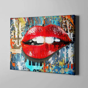 urban graffiti art with red biting lips on canvas