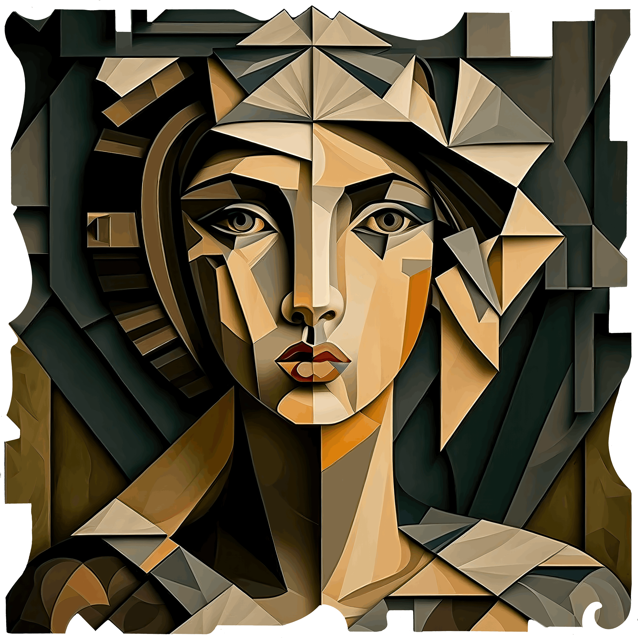 brown and dark green figurative art on cut high gloss acrylic