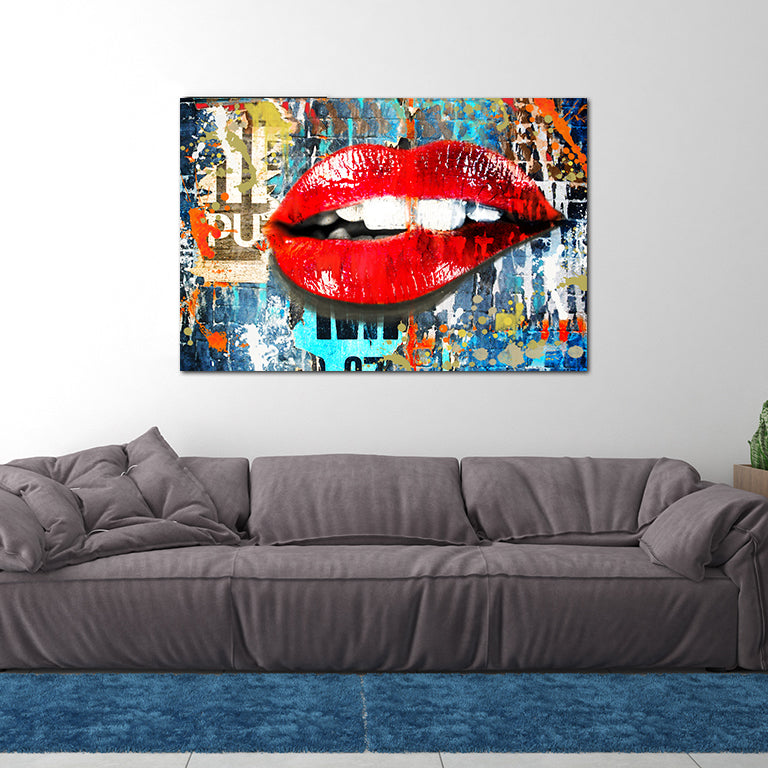 urban graffiti art with red biting lips on canvas