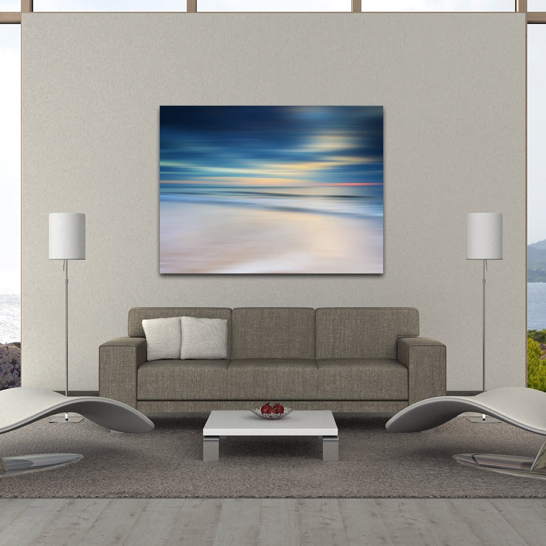 blue and white beach sunrise modern art on canvas
