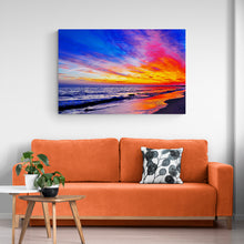 Load image into Gallery viewer, orange and blue sky on a beach photo art on canvas
