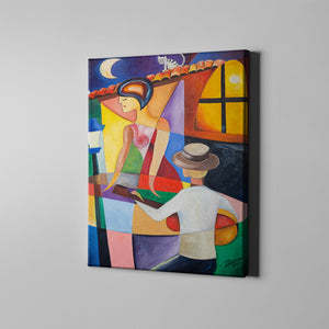 man playing guitar for woman colorful pop art on canvas