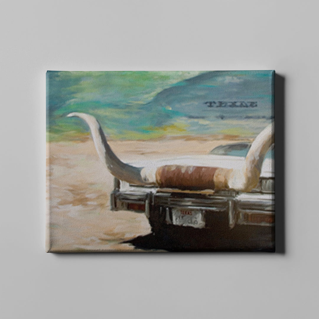 muscle car with bull horns western art on canvas