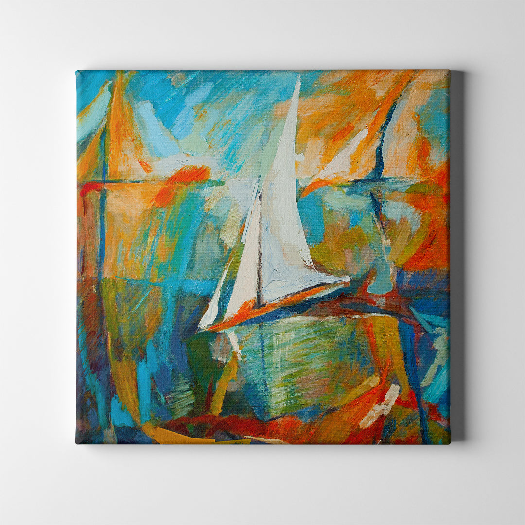 blue and orange sailboat abstract art on canvas