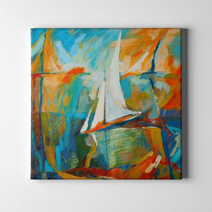 blue and orange sailboat abstract art on canvas