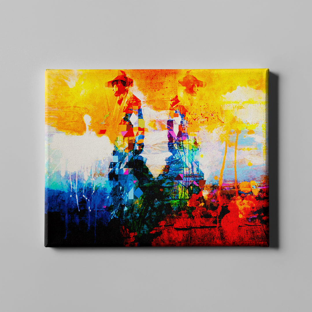 blue red and yellow abstract cowboy modern art on canvas