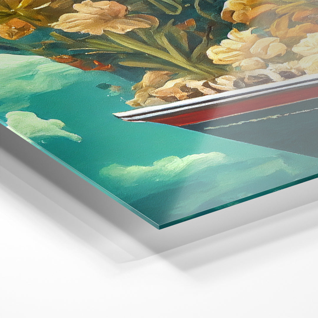 yellow flowers floating on a boat surrealist art on acrylic