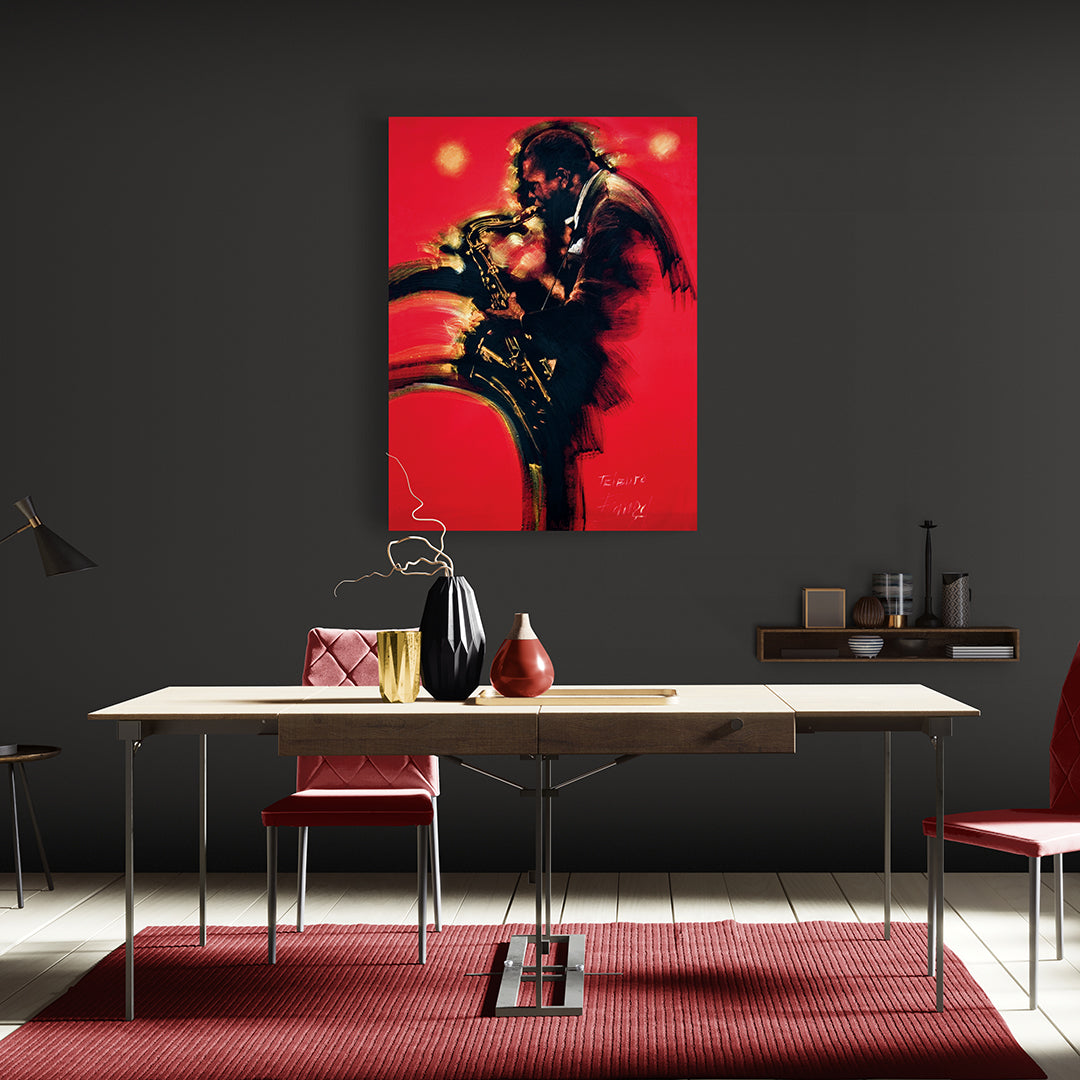 black and red saxophone man jazz art on canvas