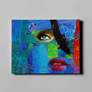 blue artistic abstract art with red lips on canvas