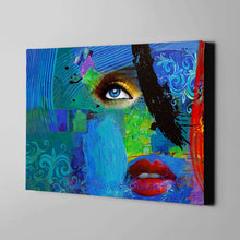 Load image into Gallery viewer, blue artistic abstract art with red lips on canvas
