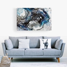 Load image into Gallery viewer, blue white and black abstract gem art on canvas
