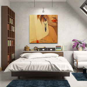 red lips figurative art on canvas on a bedroom wall