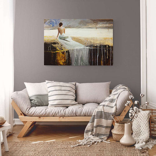 lady with long white dress sitting figurative art on canvas