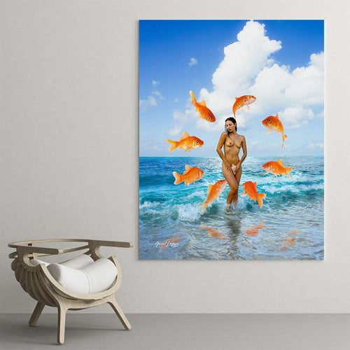 woman standing on the beach goldfish art on acrylic