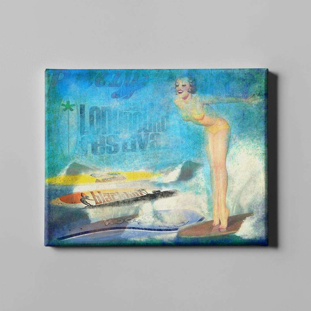 surfing blue retro art on canvas