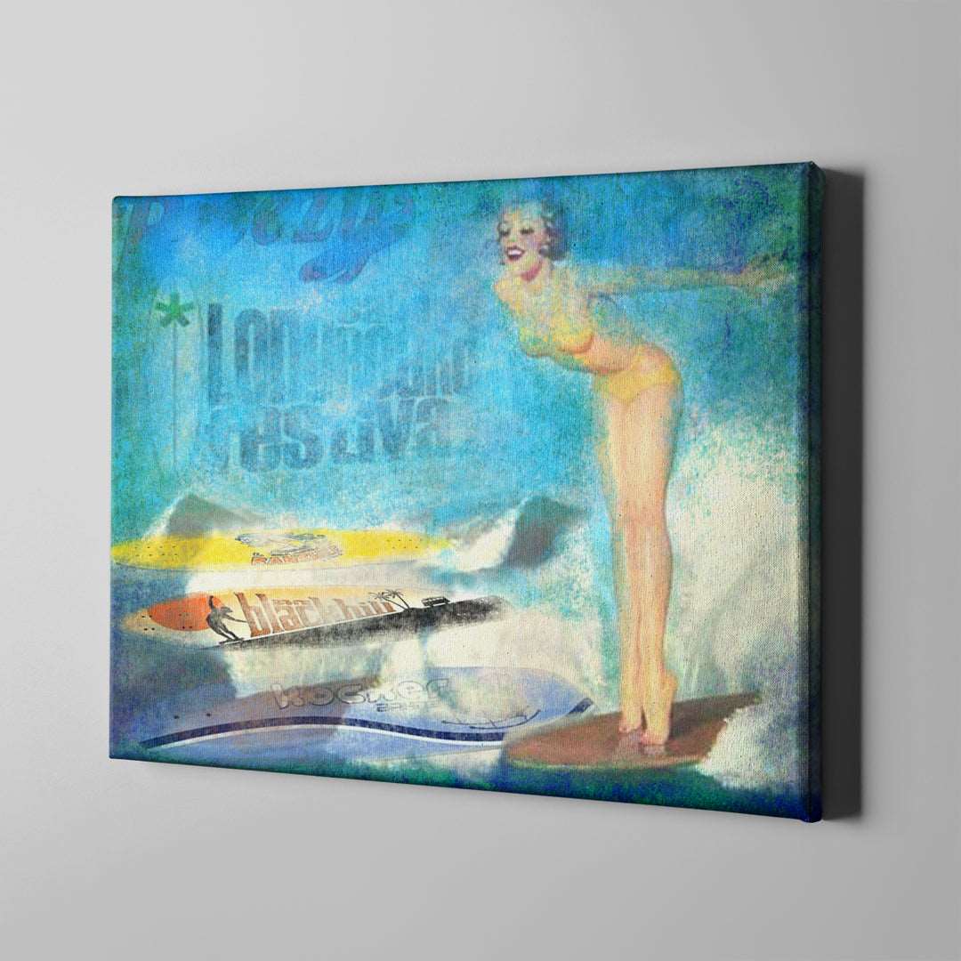 surfing blue retro art on canvas