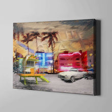 Load image into Gallery viewer, south beach with white mercedes art on canvas
