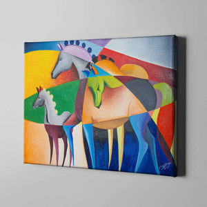 colorful family of horses pop art on canvas