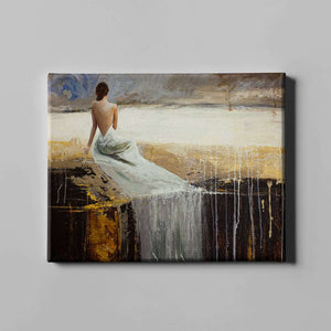 lady with long white dress sitting figurative art on canvas