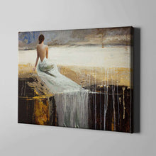 Load image into Gallery viewer, lady with long white dress sitting figurative art on canvas
