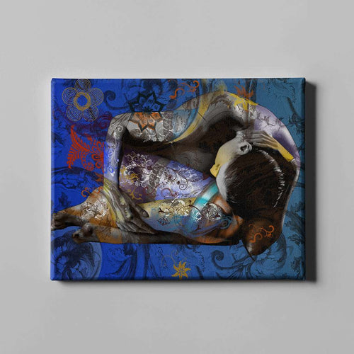 blue tattooed figurative art on canvas