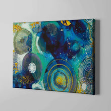 Load image into Gallery viewer, dark blue and green abstract circles art on canvas

