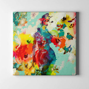 teal woman figure with colorful flowers modern art on canvas