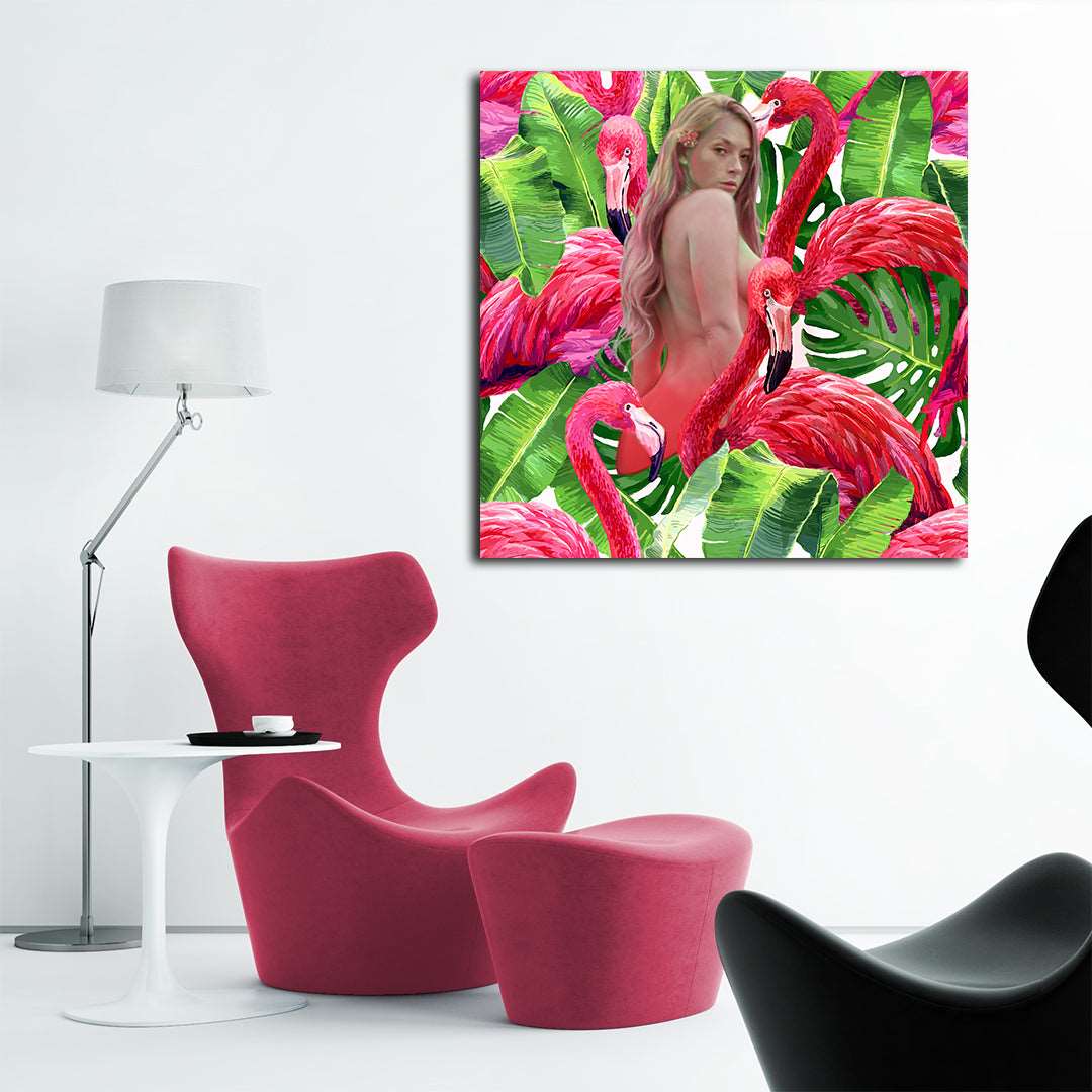 standing women flamingo figurative art on canvas
