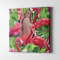 standing women flamingo figurative art on canvas