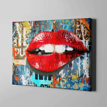 Load image into Gallery viewer, urban graffiti art with red biting lips on canvas

