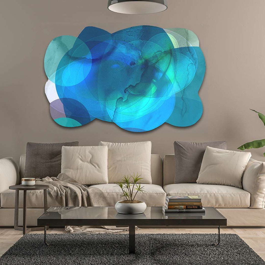 blue abstract circles on cut acrylic 