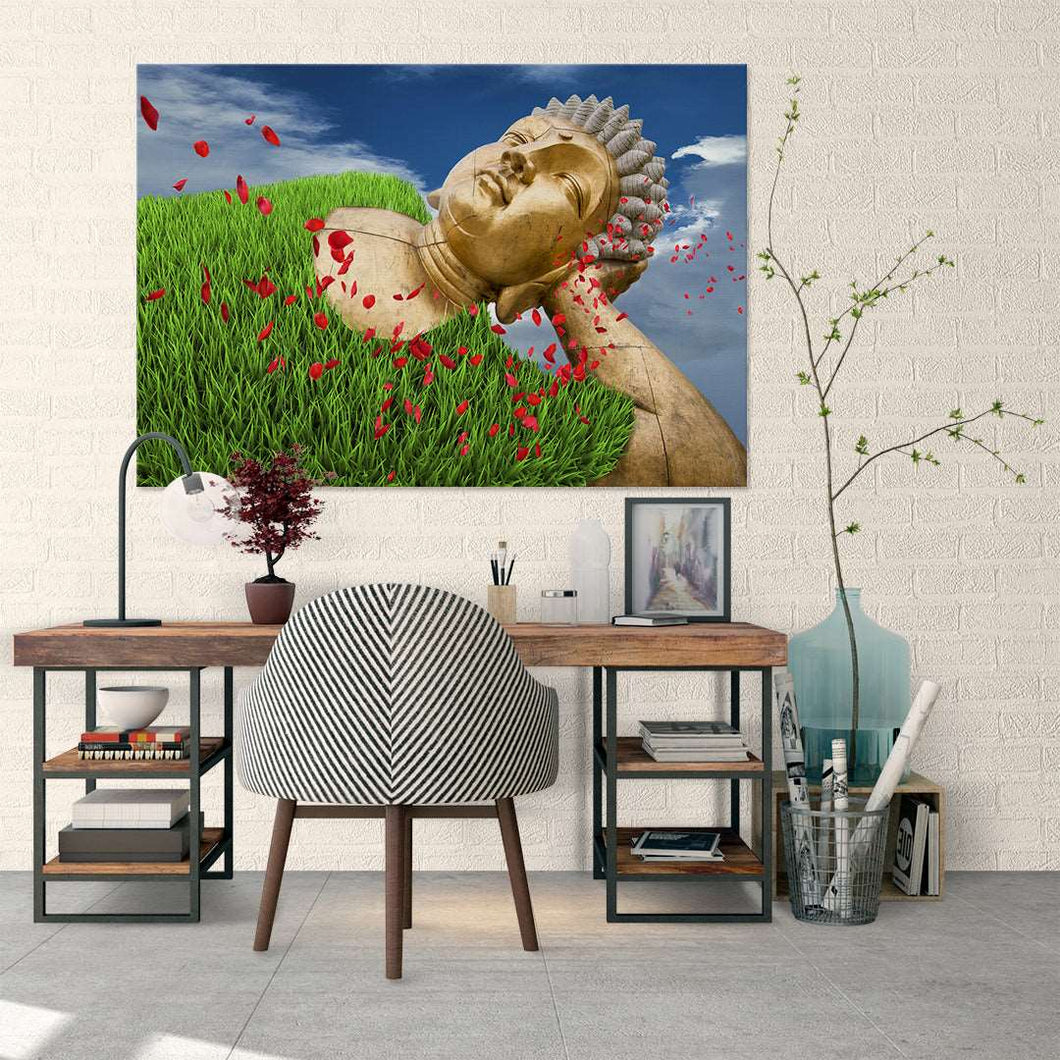golden buddha laying on a field art on canvas