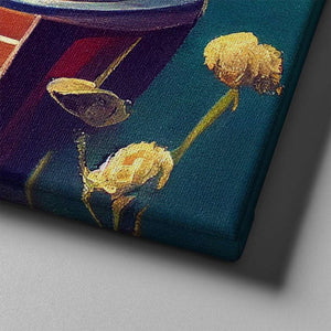 yellow flowers floating on a boat surrealist art on canvas