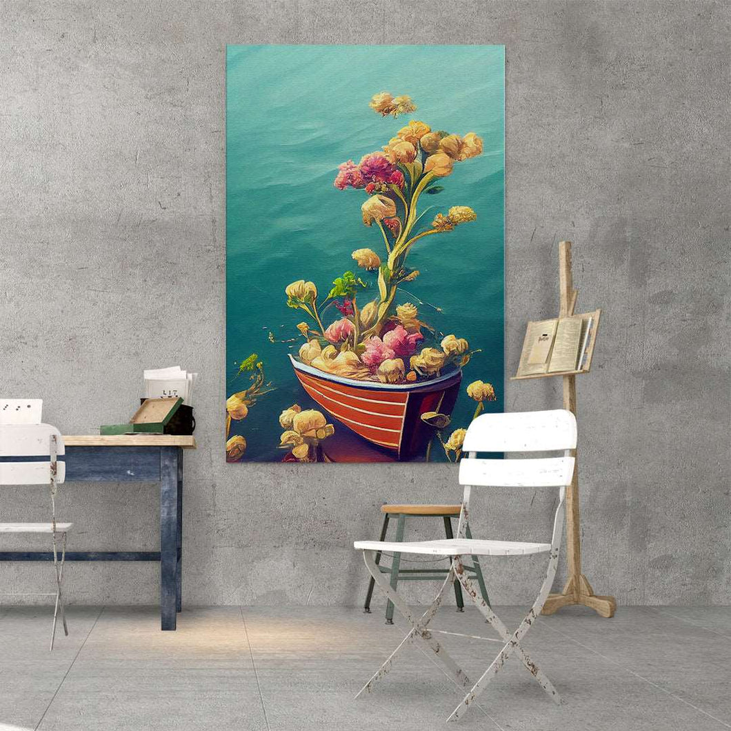yellow flowers floating on a boat surrealist art on canvas
