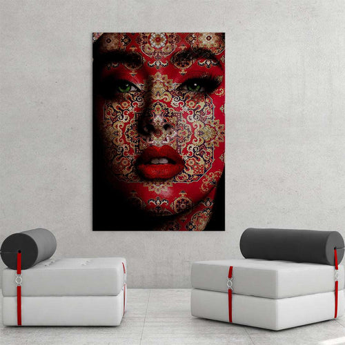 beautiful face covered in a red classic rug design art on canvas