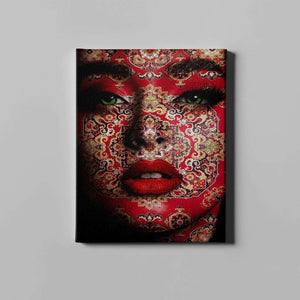 beautiful face covered in a red classic rug design art on canvas