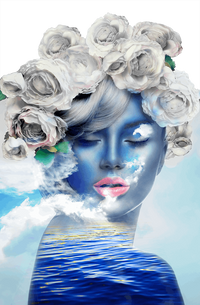 blue woman with white flower hair figurative art on cut acrylic