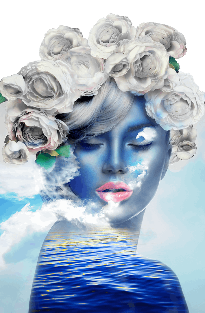 blue woman with white flower hair figurative art on cut acrylic