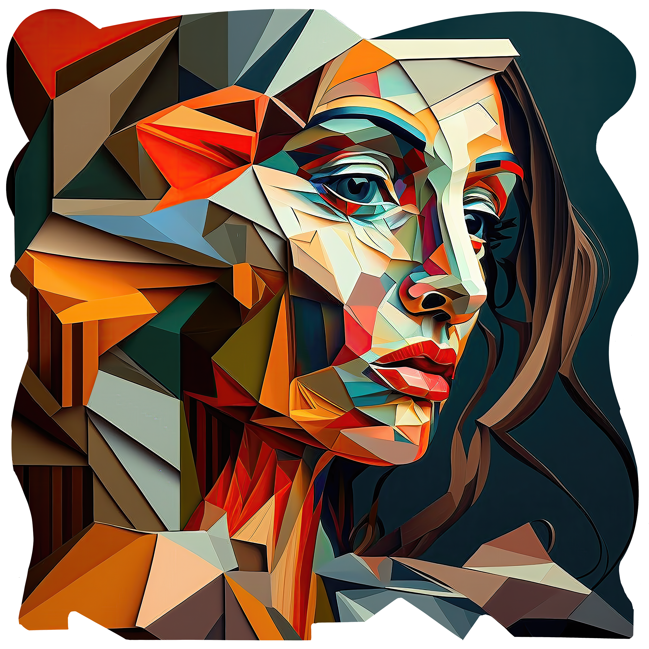 teal and orange figurative abstract art on cut acrylic