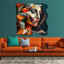 Load image into Gallery viewer, teal and orange figurative abstract art on cut acrylic
