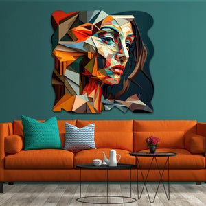 teal and orange figurative abstract art on cut acrylic