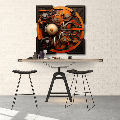 orange and brown abstract steampunk art on cut acrylic