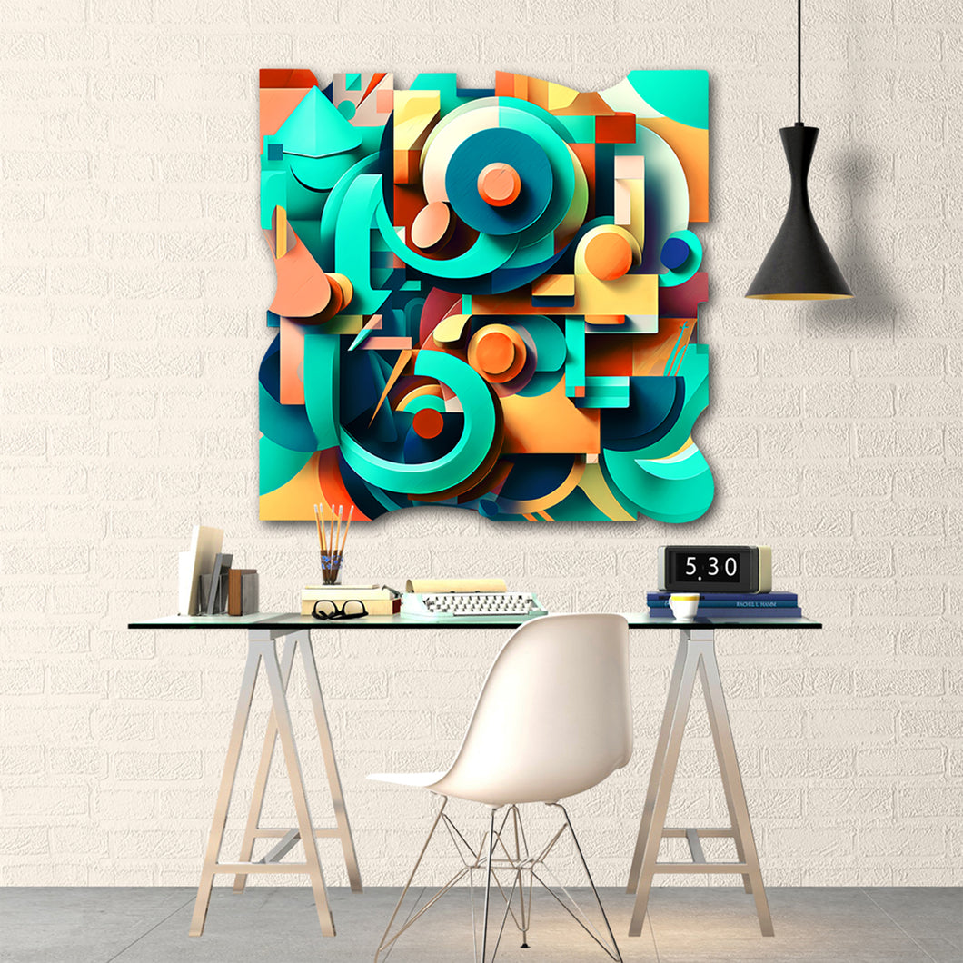 teal and orange modern abstract art on cut acrylic