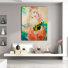 Load image into Gallery viewer, pink flower women figurative art on canvas
