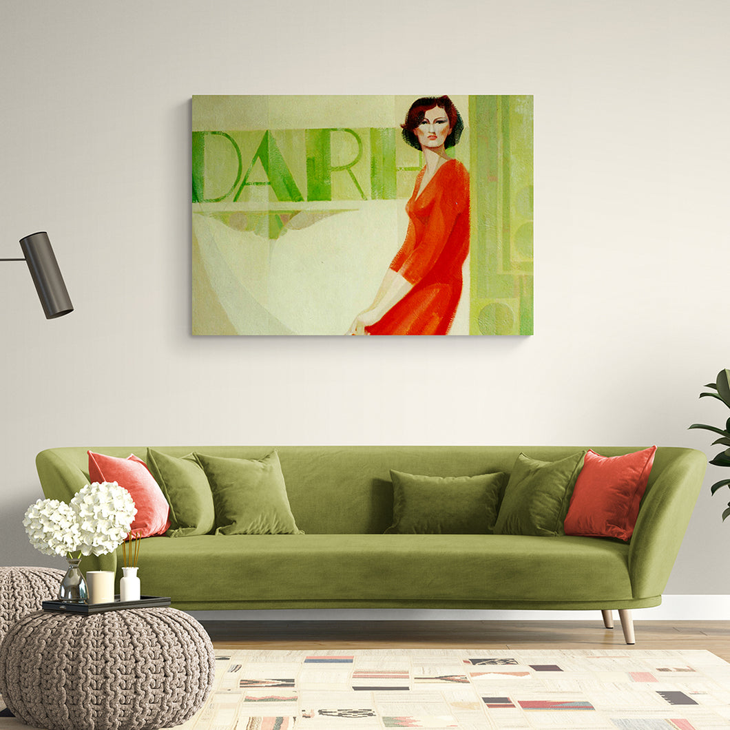 women in red dress with green background figurative art on canvas