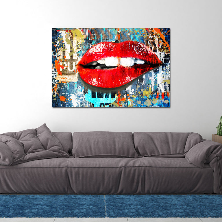 urban graffiti art with red biting lips on canvas